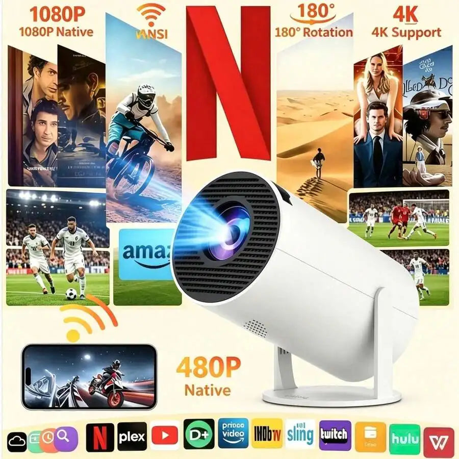 Projector - Supports 4K resolution, brightness 5000 lumens, 240 ° Full-angle projection, automatic keystone correction and autofocus, WiFi 6 and Bluetooth 5.3 wireless projection, ultra-quiet design ≤26 decibels