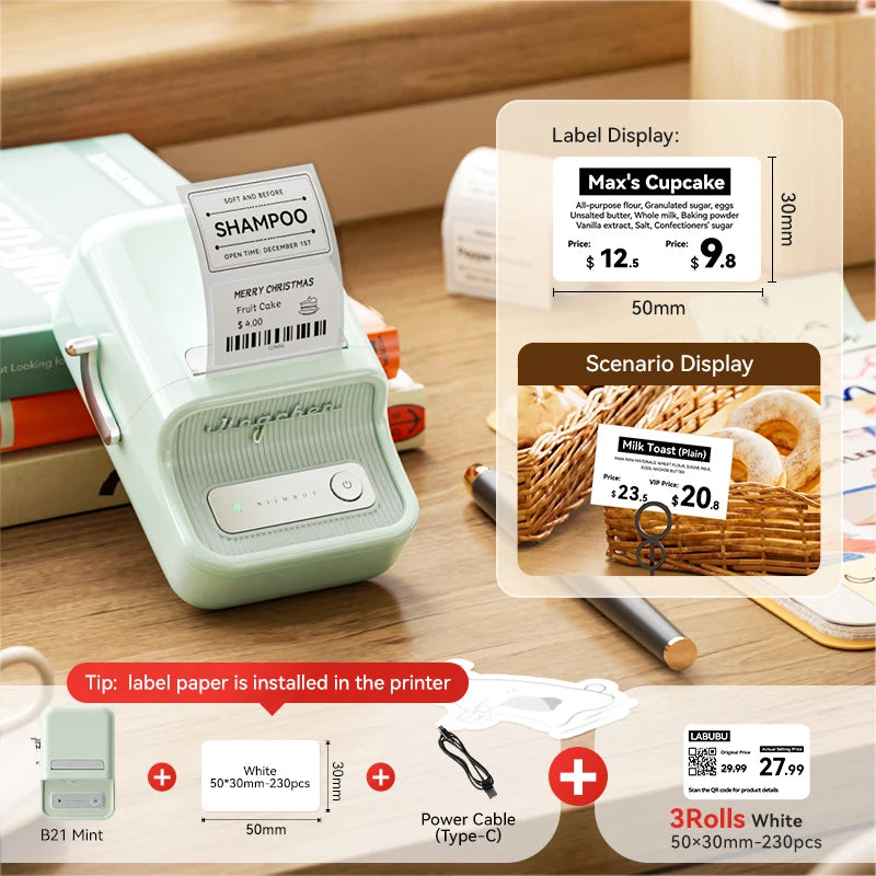 NIIMBOT B21/B1 Portable Thermal Printer 1500mAh Wireless Sticker Printer With Self-adhesive Labels For Barcode Clothing Jewelry