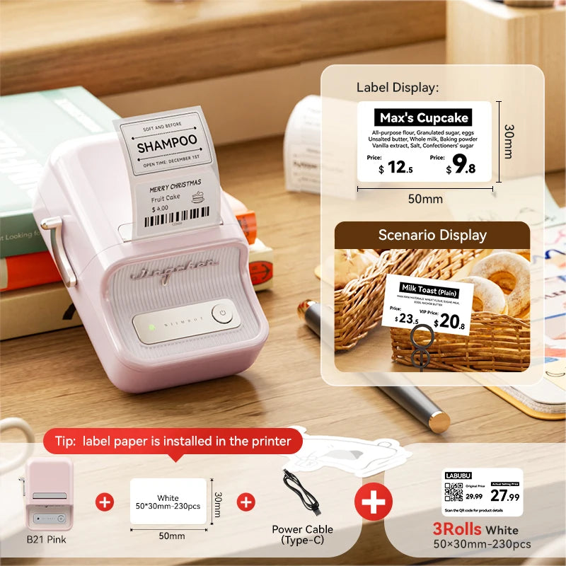NIIMBOT B21/B1 Portable Thermal Printer 1500mAh Wireless Sticker Printer With Self-adhesive Labels For Barcode Clothing Jewelry